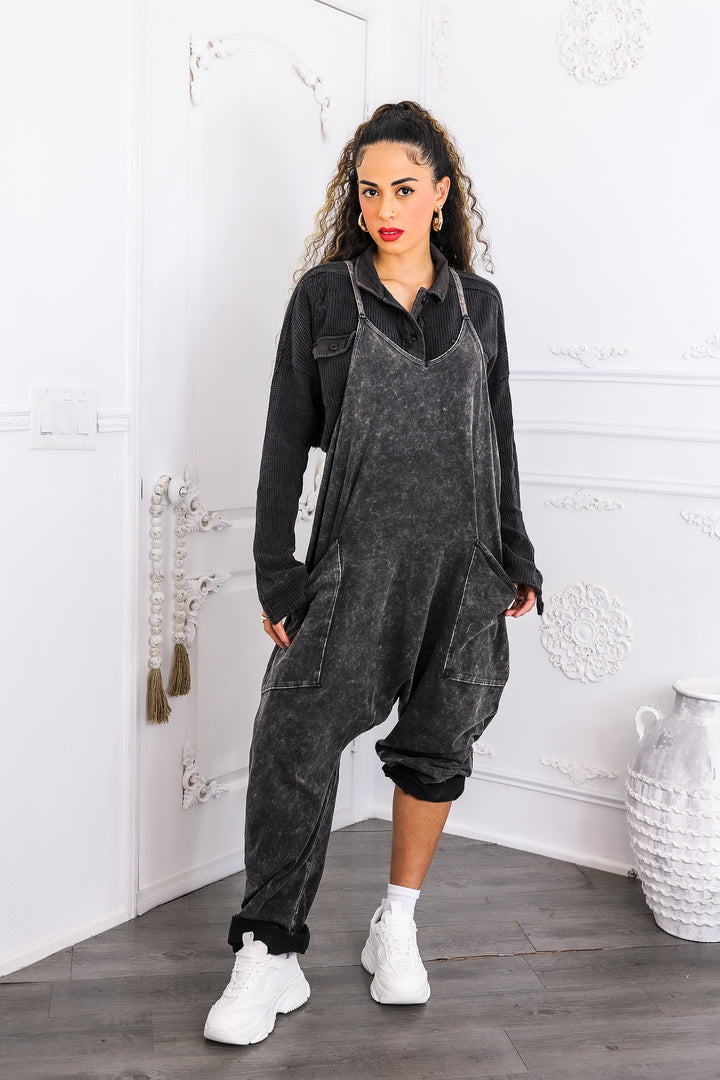 Mineral Wash Jumpsuit – Relaxed Fit Pocket Overalls Black