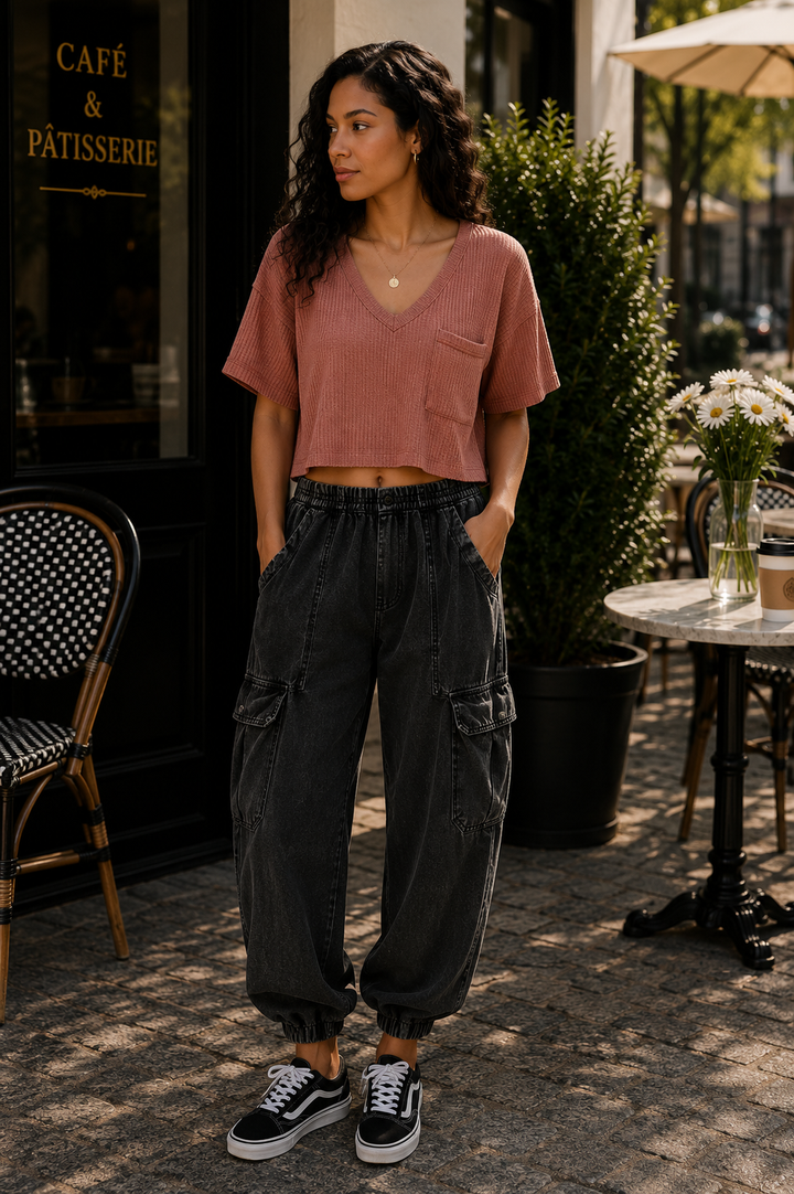 Harper Waffle Knit V-Neck Pocket Top