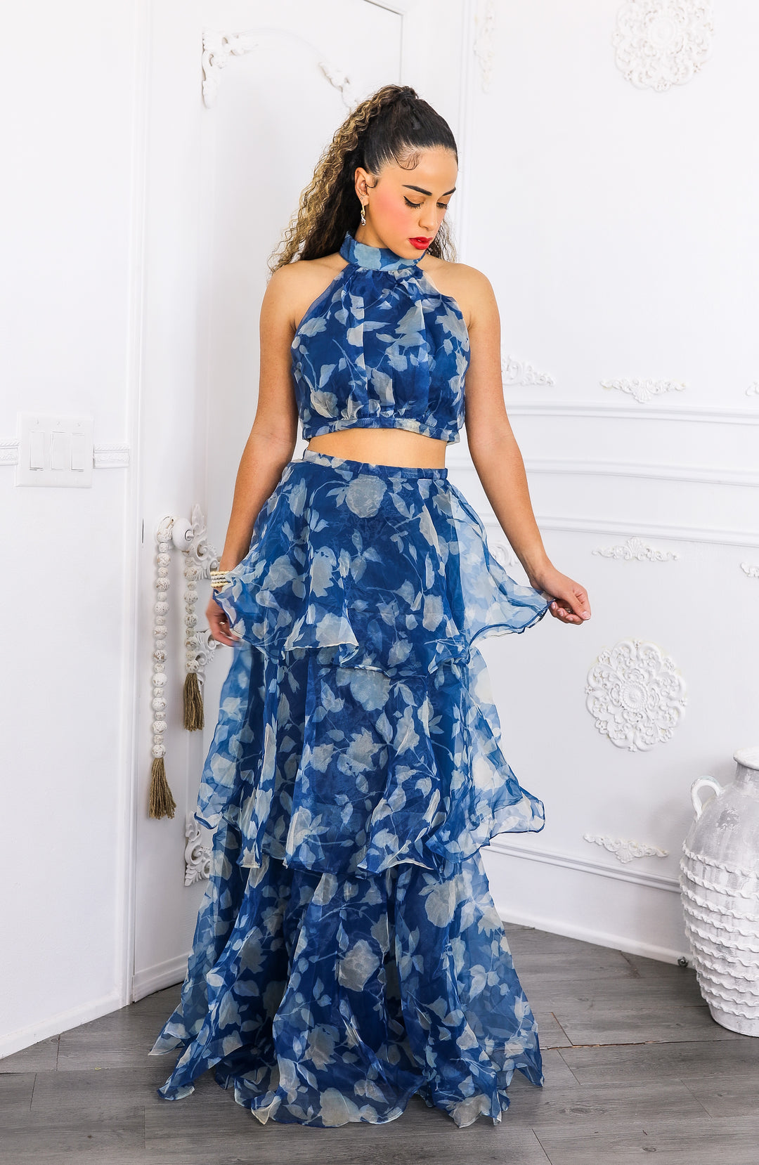 Blue Tiered Ruffle Two-Piece Set – Halter Crop Top & Maxi Skirt