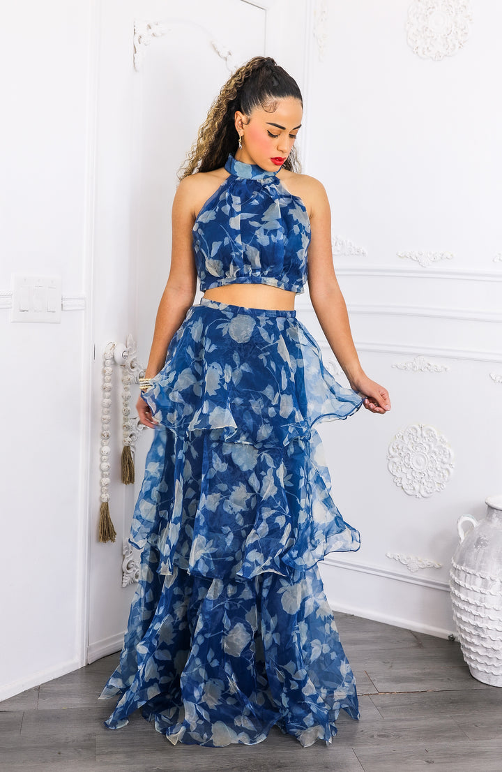 Blue Tiered Ruffle Two-Piece Set – Halter Crop Top & Maxi Skirt