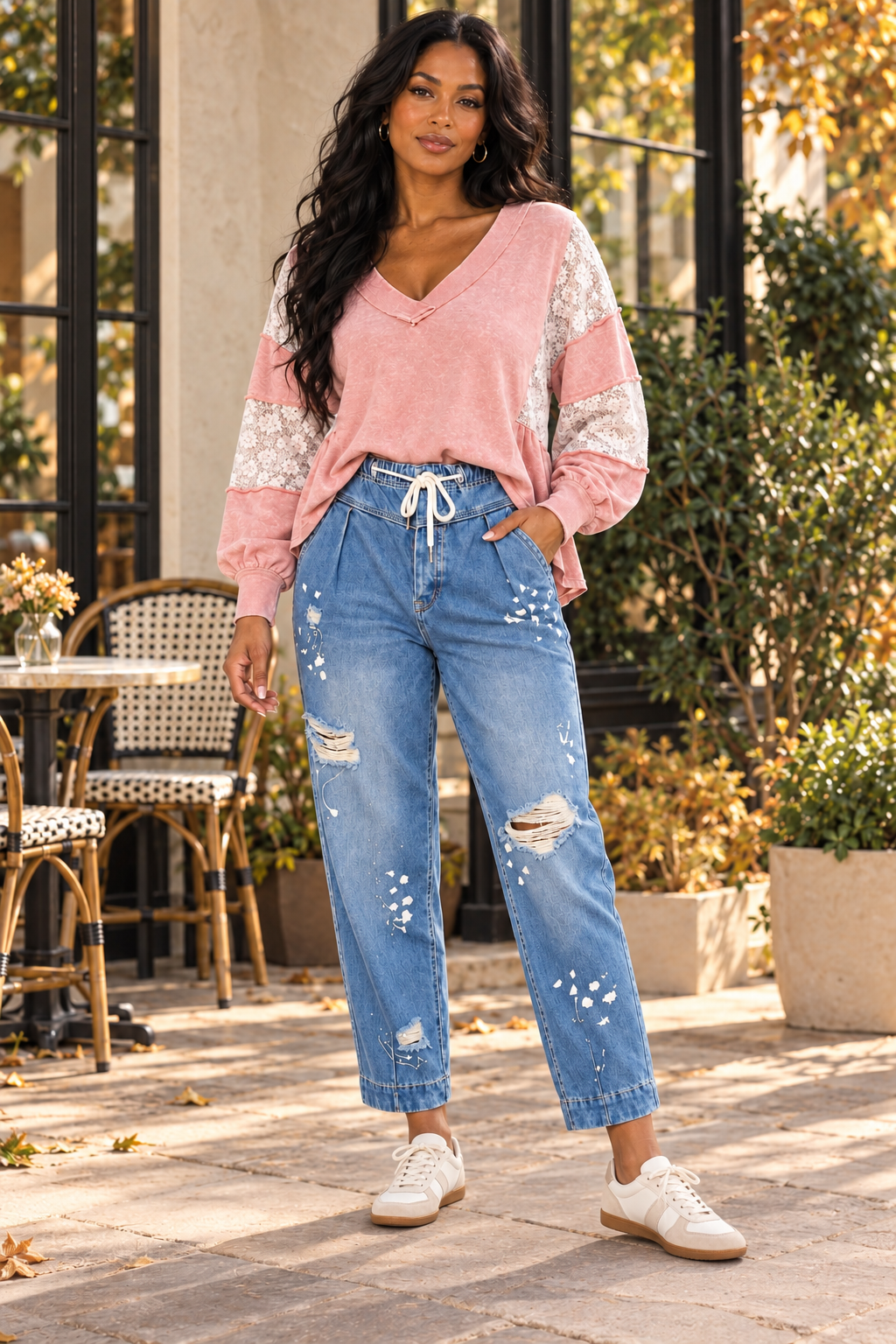 Paperbag Waist Jeans – Medium Wash Distressed Paint Splatter