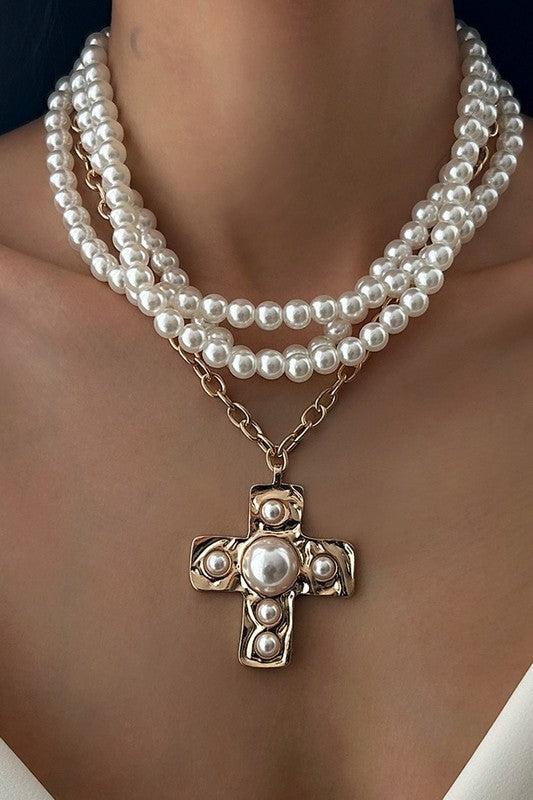Layered Pearl Necklace with Vintage Cross Pendant