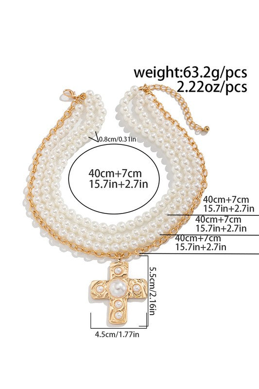 Layered Pearl Necklace with Vintage Cross Pendant