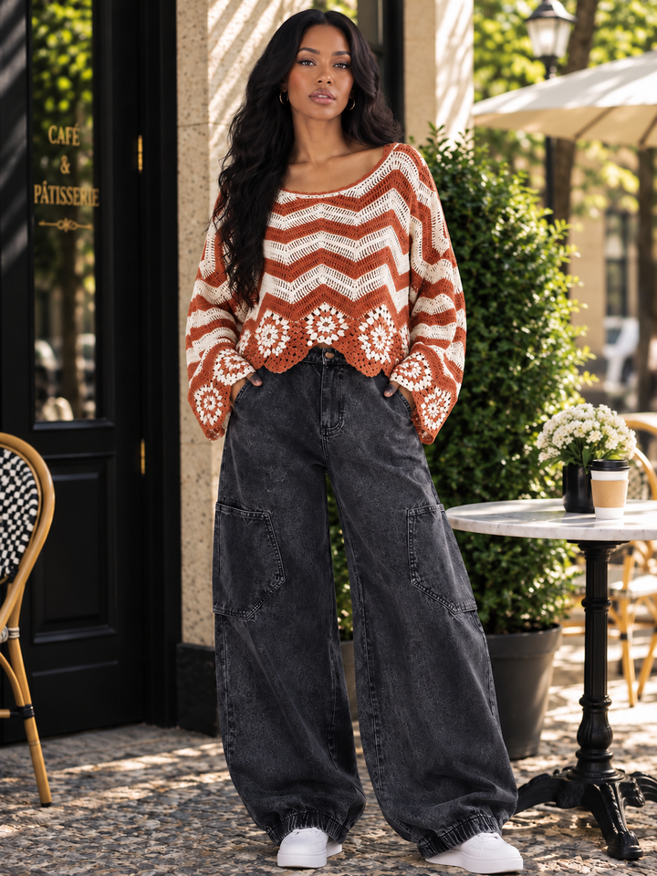 Coachella Crochet Chevron Sweater | Boho Poncho Bell Sleeve Top