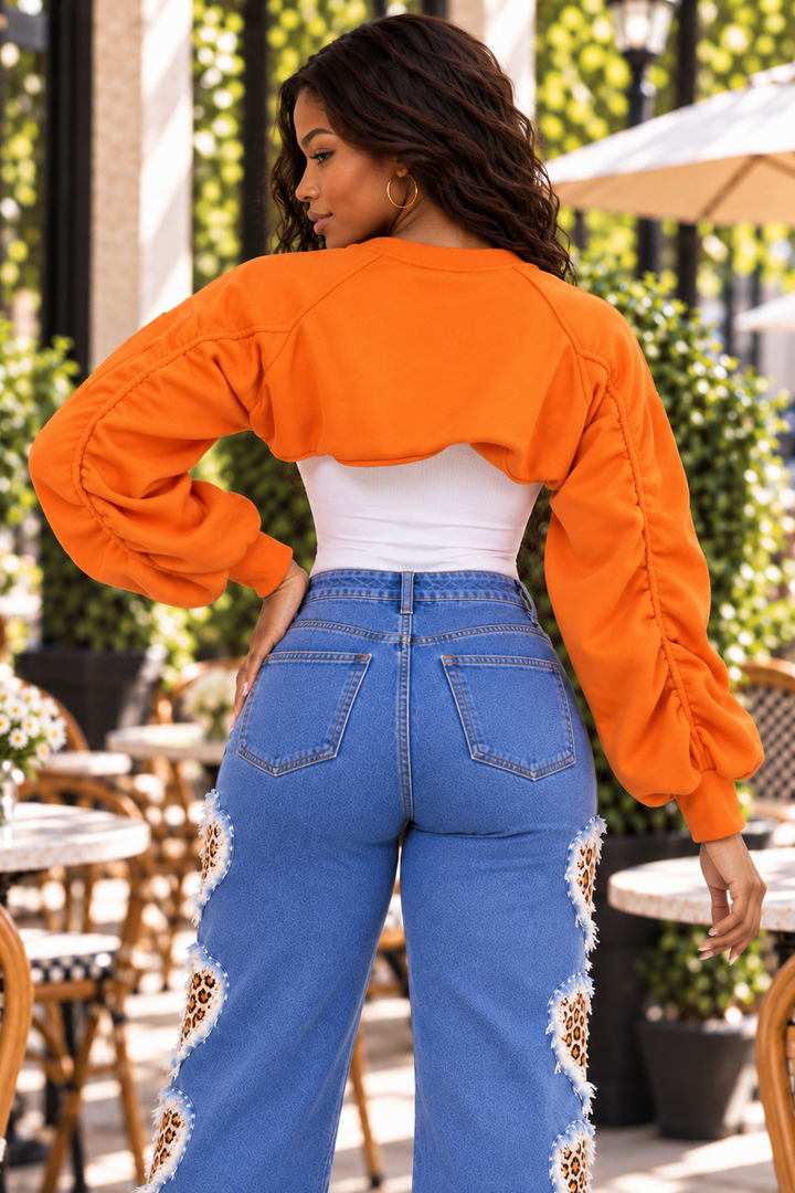 Edgy Edit Ruched Sleeve Cropped Bomber Bolero Shrug Jacket