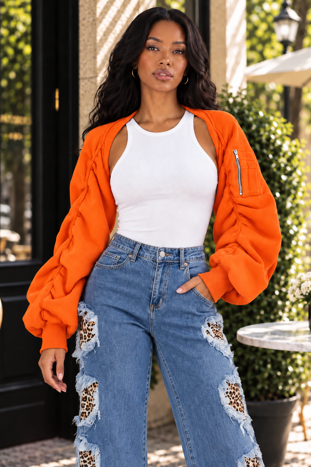 Edgy Edit Ruched Sleeve Cropped Bomber Bolero Shrug Jacket