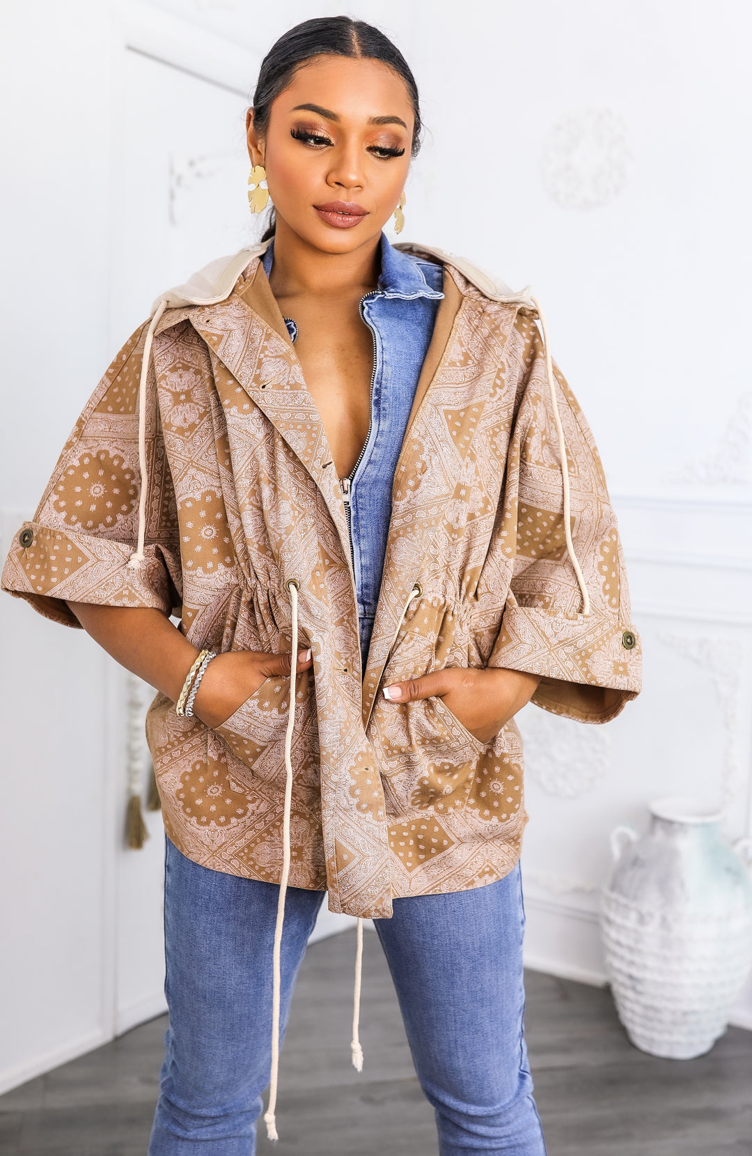 Boho Bandana Print Drawstring Jacket with Hood – Tan