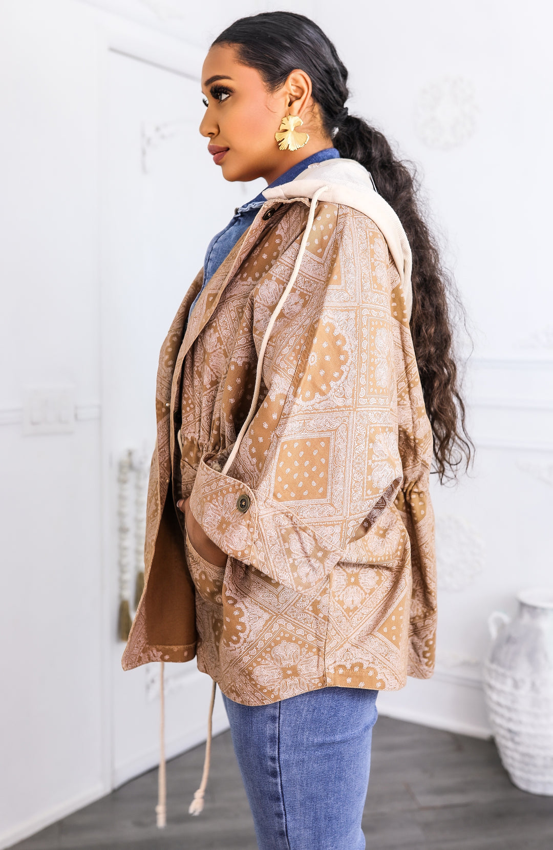 Boho Bandana Print Drawstring Jacket with Hood – Tan