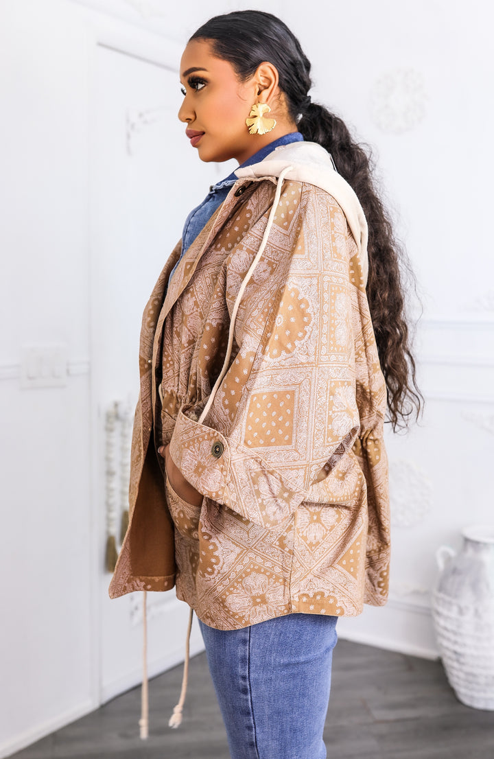 Boho Bandana Print Drawstring Jacket with Hood – Tan