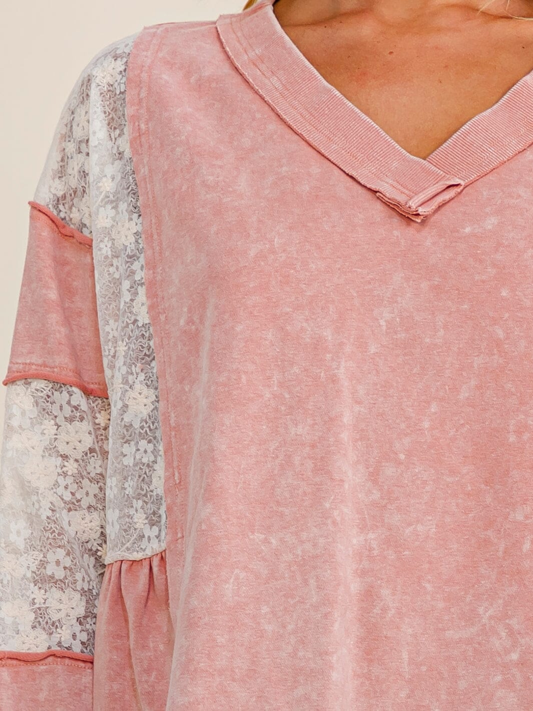 Blush Whisper Peplum Top | Mineral Wash Blouse with Lace Sleeves