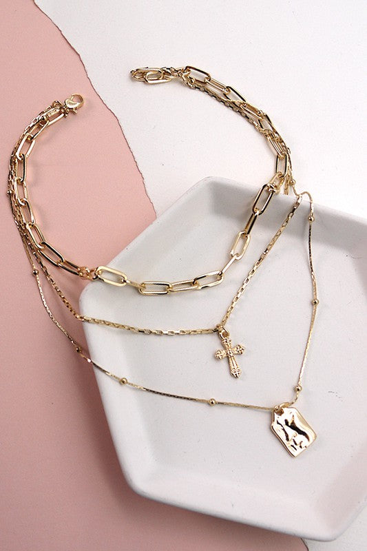 Cross Tag Multi Layer Necklace