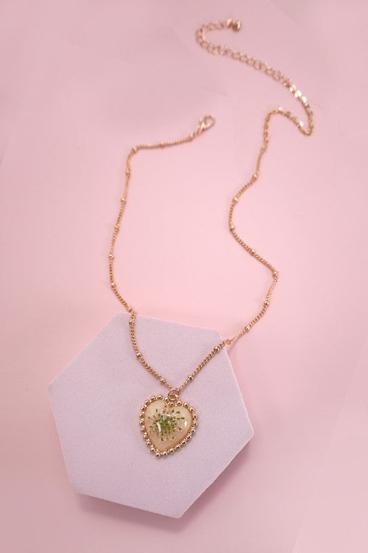 Pressed Flower Gold Heart Necklace
