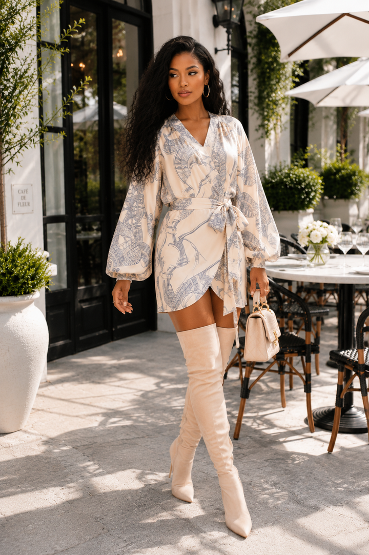 Santorini Escape Printed Wrap Mini Dress