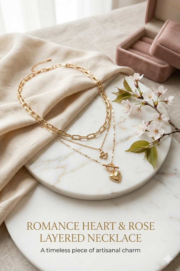 Romance Heart and Rose Layered Necklace