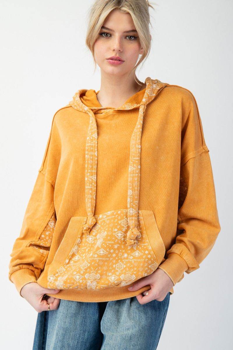 Mineral Wash Golden Vintage Relaxed Bandana Pocket Hoodie Sweatshirt
