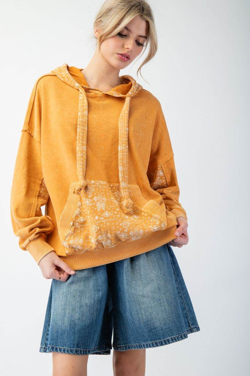 Mineral Wash Golden Vintage Relaxed Bandana Pocket Hoodie Sweatshirt