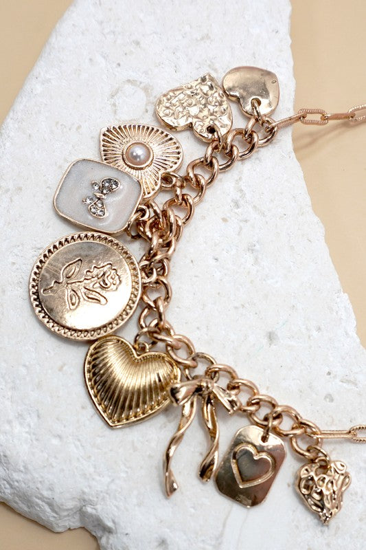Gold Cluster Heart & Pearl Charm Necklace – Boho Chic Link Chain