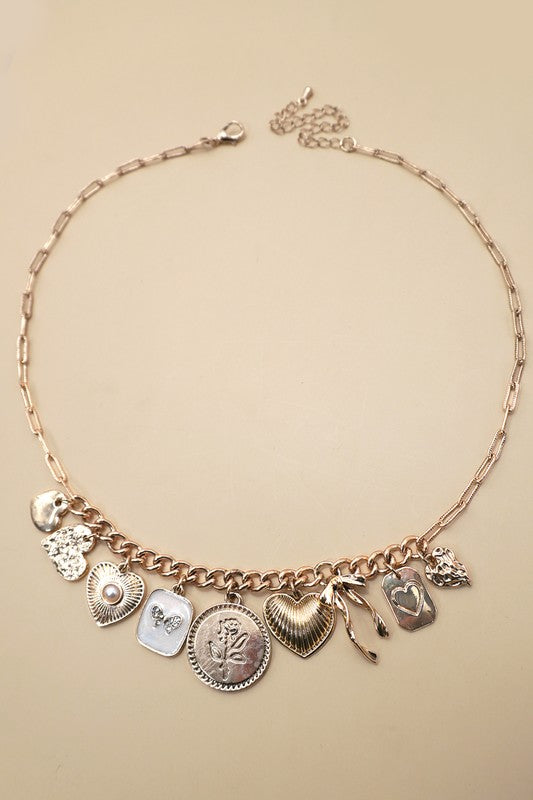 Gold Cluster Heart & Pearl Charm Necklace – Boho Chic Link Chain