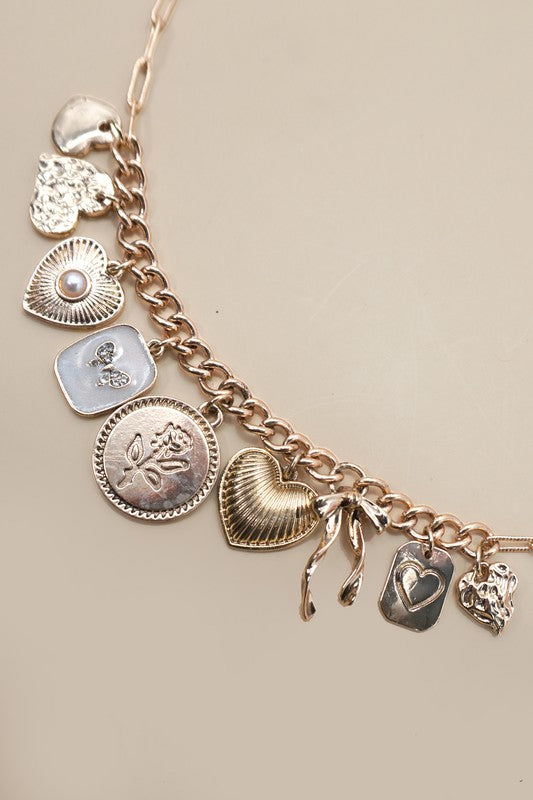 Gold Cluster Heart & Pearl Charm Necklace – Boho Chic Link Chain