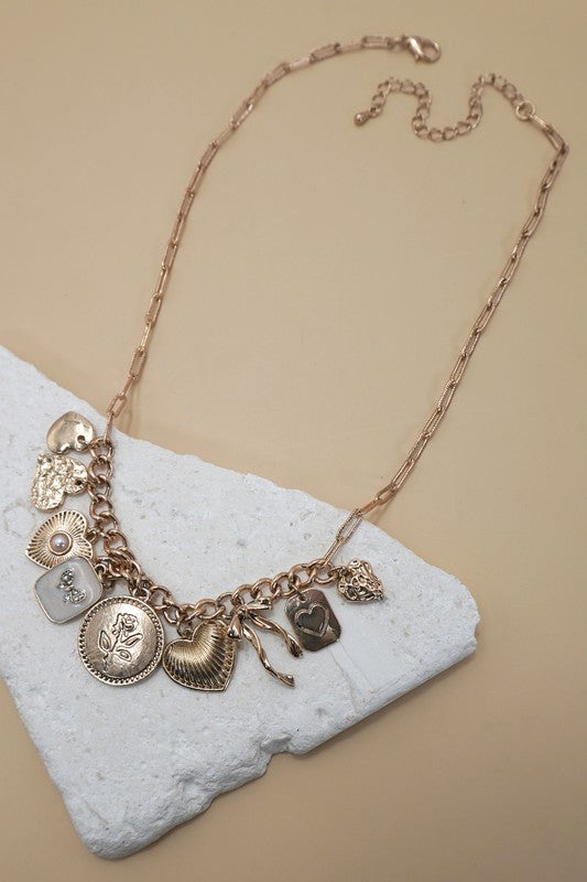 Gold Cluster Heart & Pearl Charm Necklace – Boho Chic Link Chain