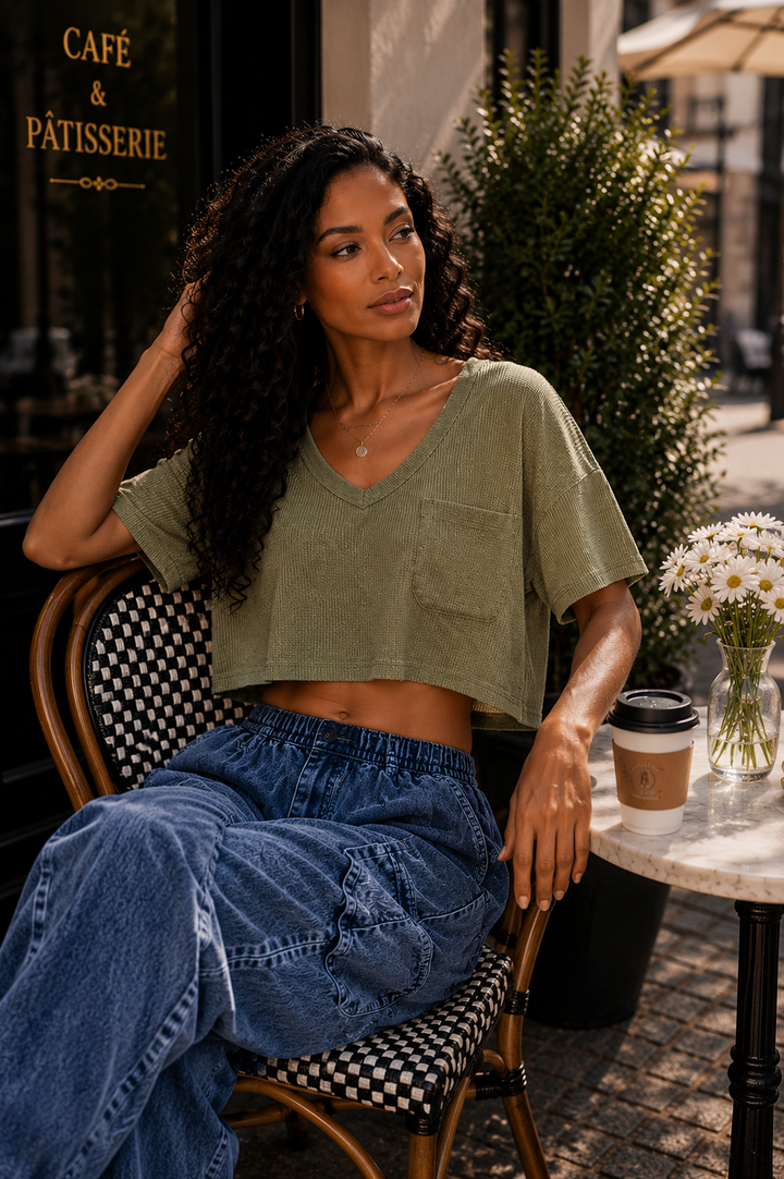 Harper Waffle Knit V-Neck Pocket Top