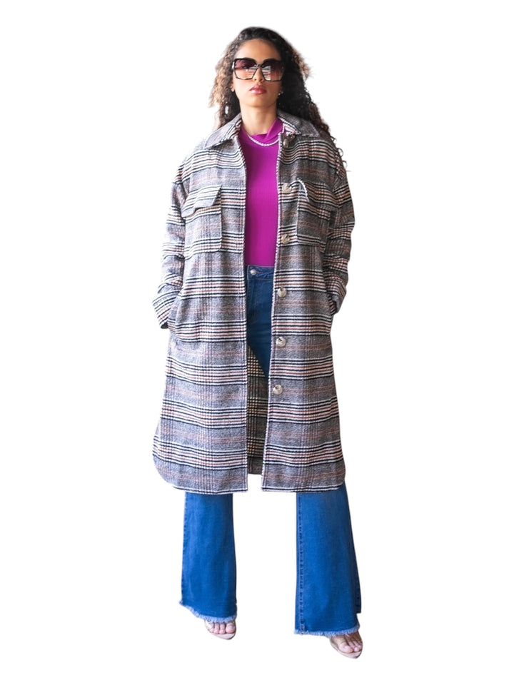 Grey Plaid Long Jacket – Oversized Button Down Coat for Women