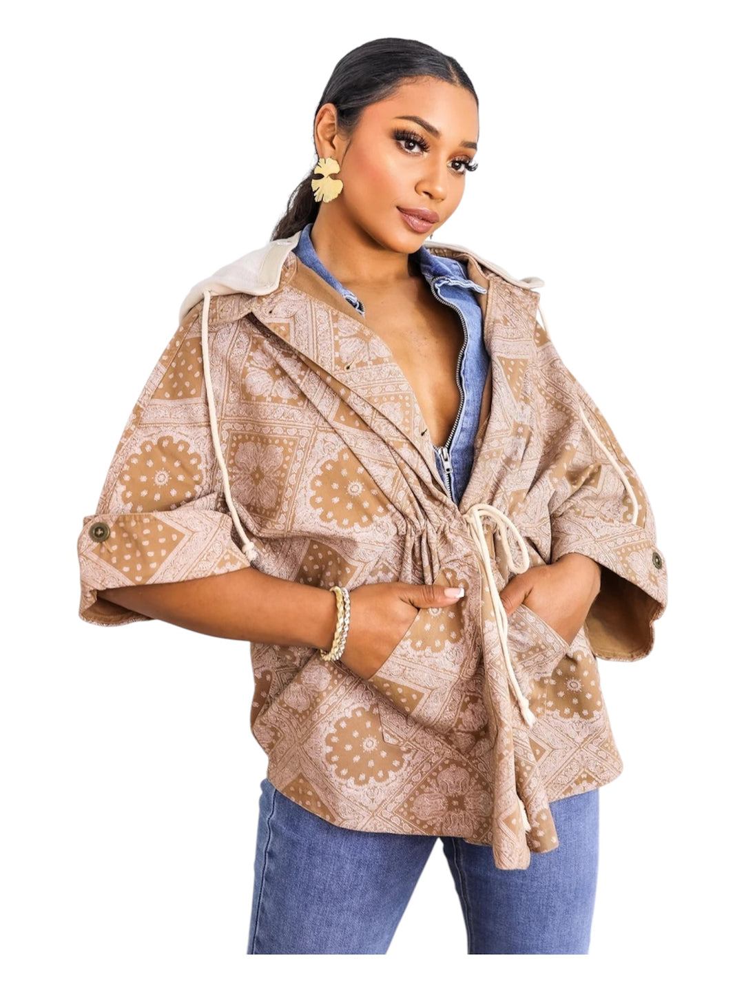 Boho Bandana Print Drawstring Jacket with Hood – Tan