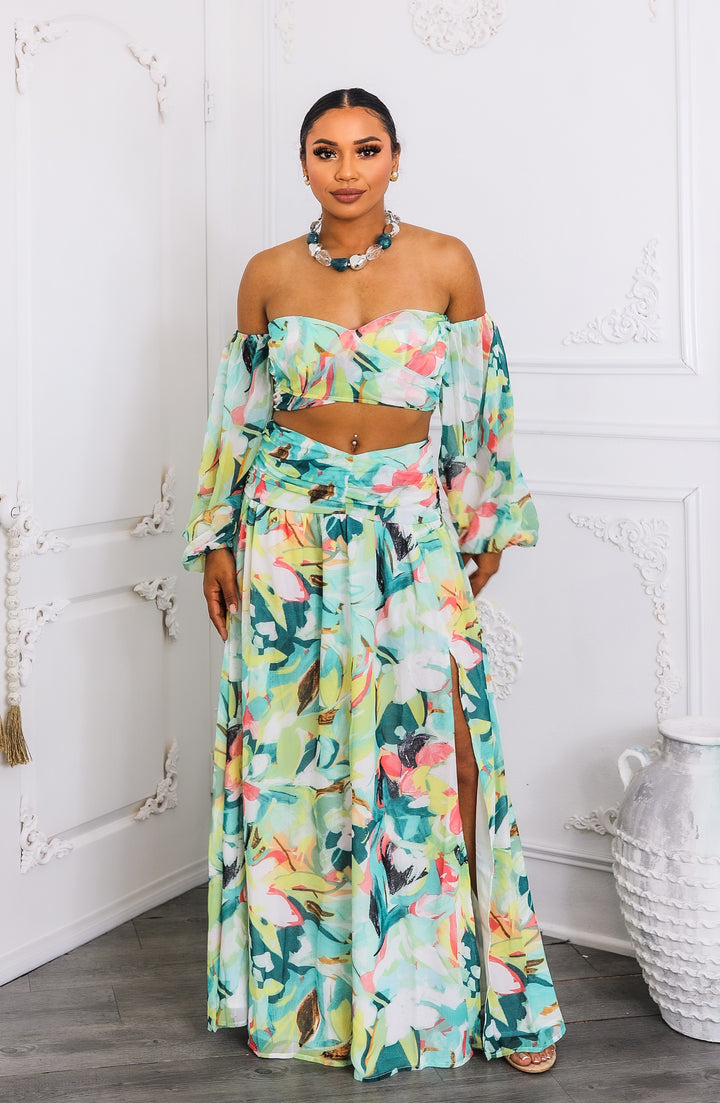 Tropical Floral Puff Sleeve Two-Piece Set with Slit Skirt