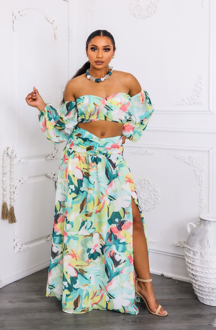 Tropical Floral Puff Sleeve Two-Piece Set with Slit Skirt