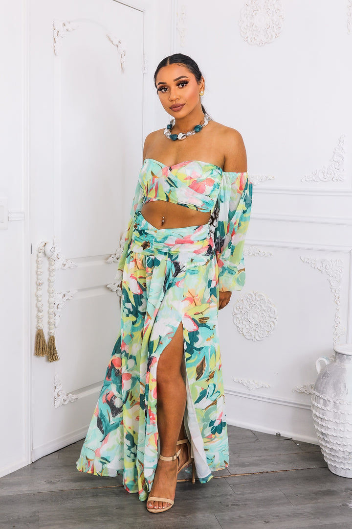 Tropical Floral Puff Sleeve Two-Piece Set with Slit Skirt