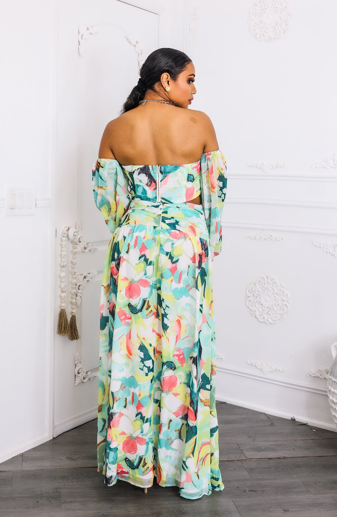 Tropical Floral Puff Sleeve Two-Piece Set with Slit Skirt