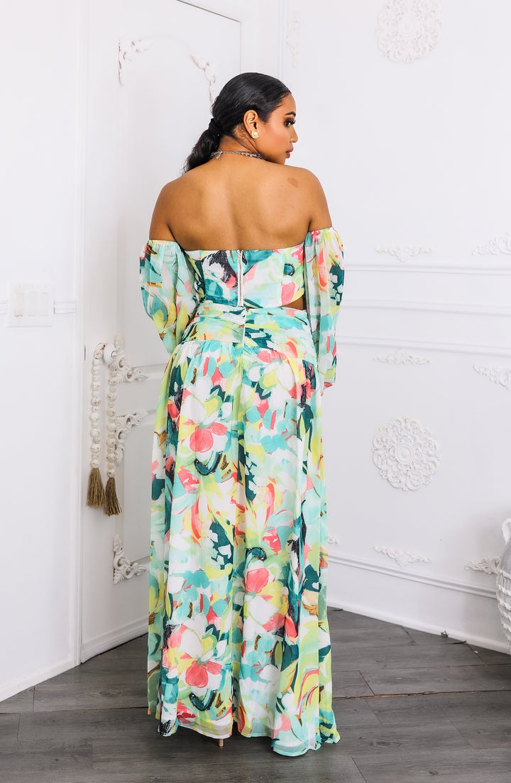 Tropical Floral Puff Sleeve Two-Piece Set with Slit Skirt