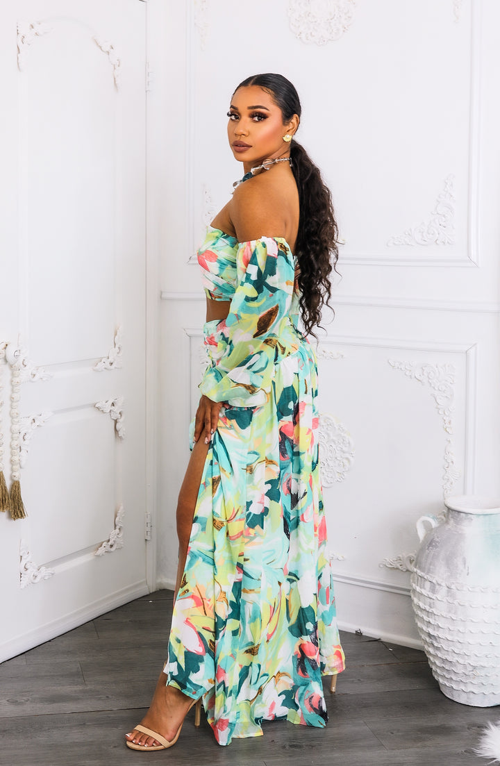 Tropical Floral Puff Sleeve Two-Piece Set with Slit Skirt