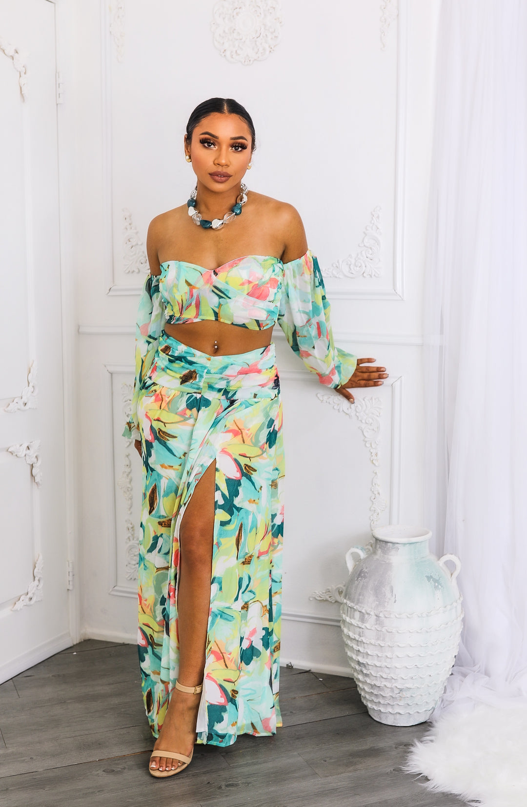 Tropical Floral Puff Sleeve Two-Piece Set with Slit Skirt