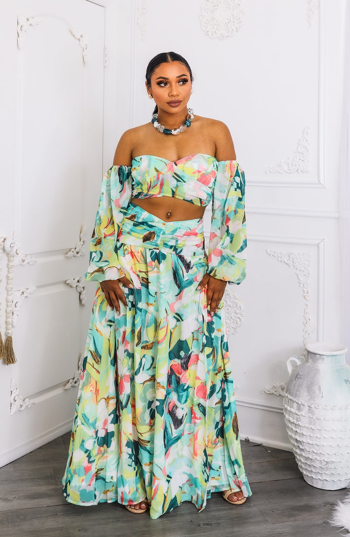 Tropical Floral Puff Sleeve Two-Piece Set with Slit Skirt