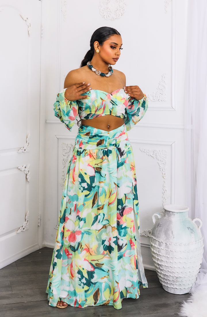 Tropical Floral Puff Sleeve Two-Piece Set with Slit Skirt