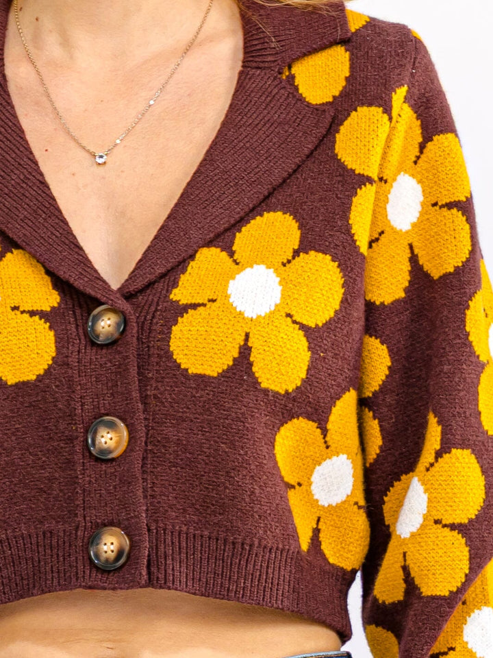 Retro Daisy Knit Cardigan – Brown Yellow Floral Cropped Sweater