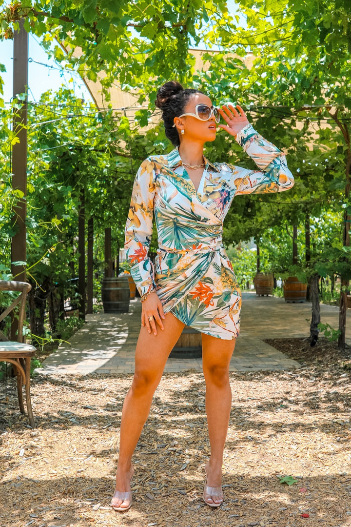 Tropical Luxe Wrap Mini Dress