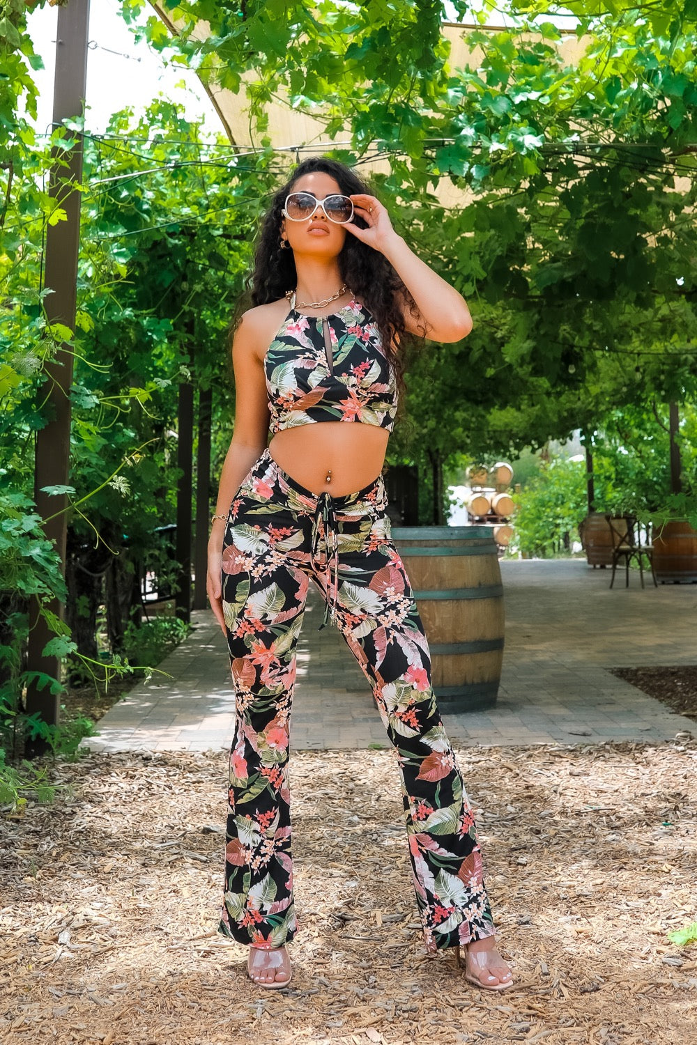 Tropical Cutesy Keyhole Cropped Top With Matching Pants