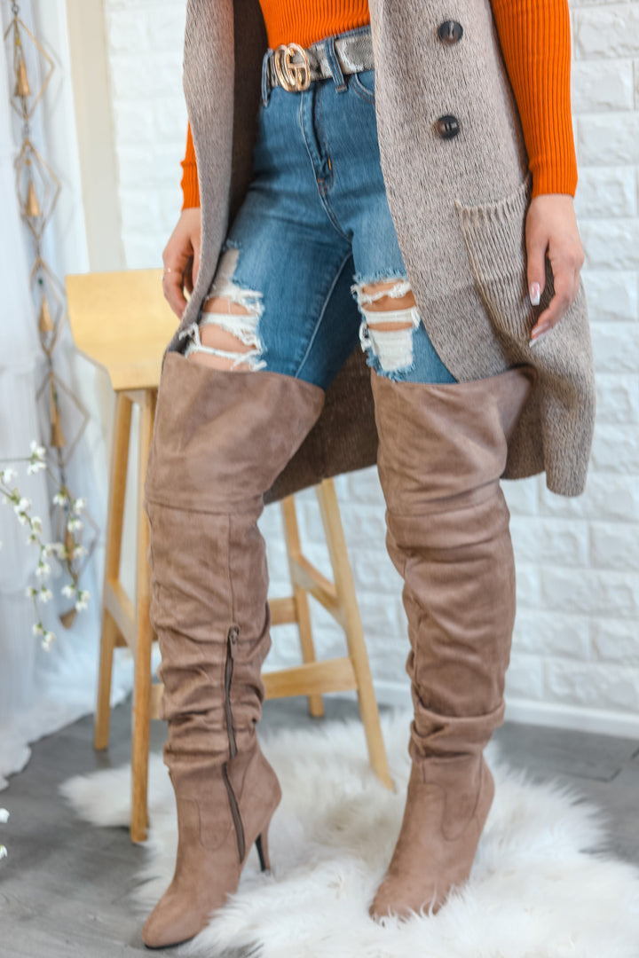 Unmatchable Pointy Slouchy Knee and Thigh High Boots Taupe - SURELYMINE