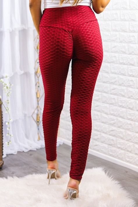 Kylie Scrunch Butt Anti Cellulite Honeycomb Texture Leggings Burgundy - SURELYMINE