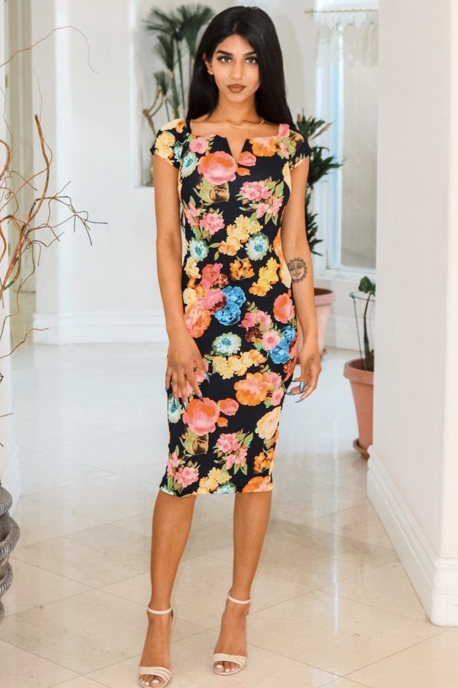 Spring Has Sprung Off The Shoulder Floral Print Body-con Midi Dress Black - SURELYMINE