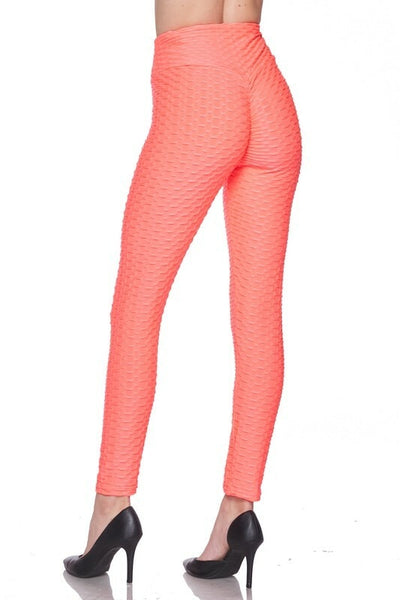 Kylie Scrunch Butt Anti Cellulite Honeycomb Texture Leggings Neon Coral - SURELYMINE