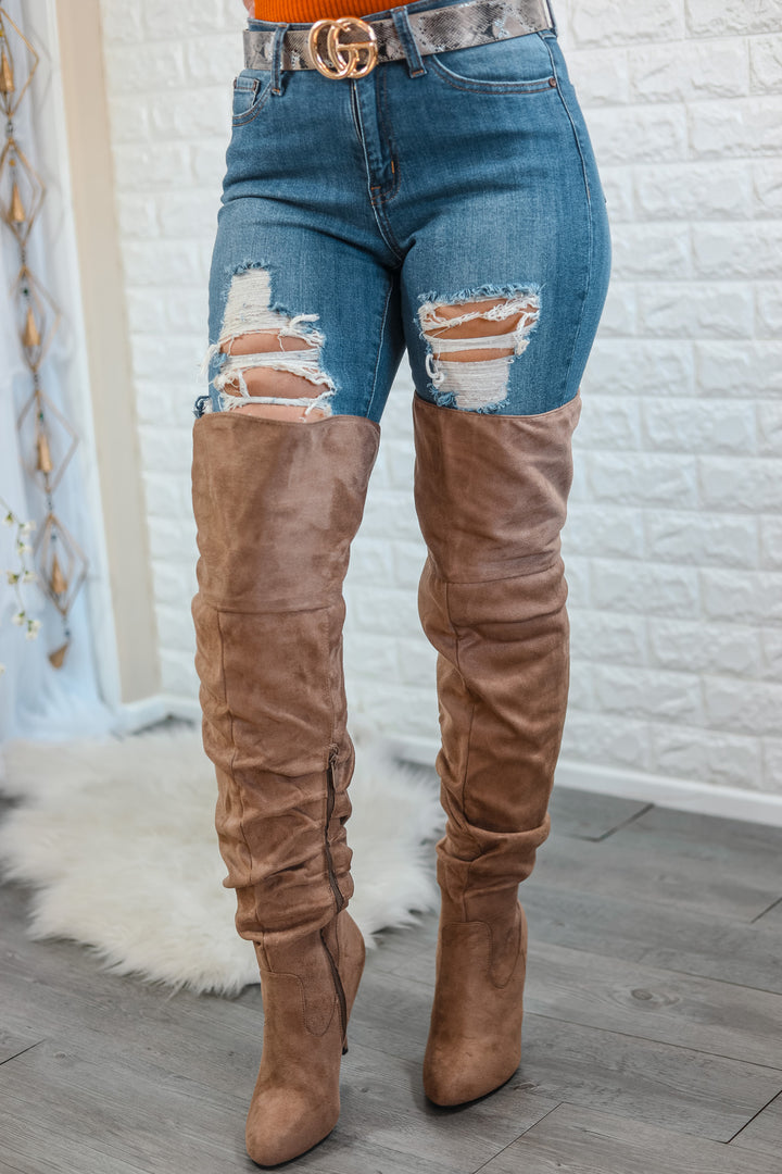 Unmatchable Pointy Slouchy Knee and Thigh High Boots Taupe - SURELYMINE