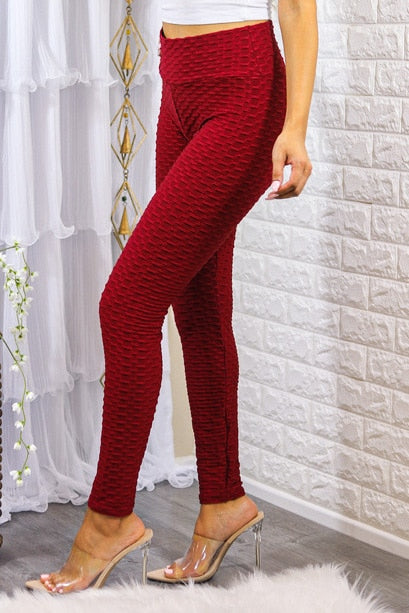 Kylie Scrunch Butt Anti Cellulite Honeycomb Texture Leggings Burgundy - SURELYMINE