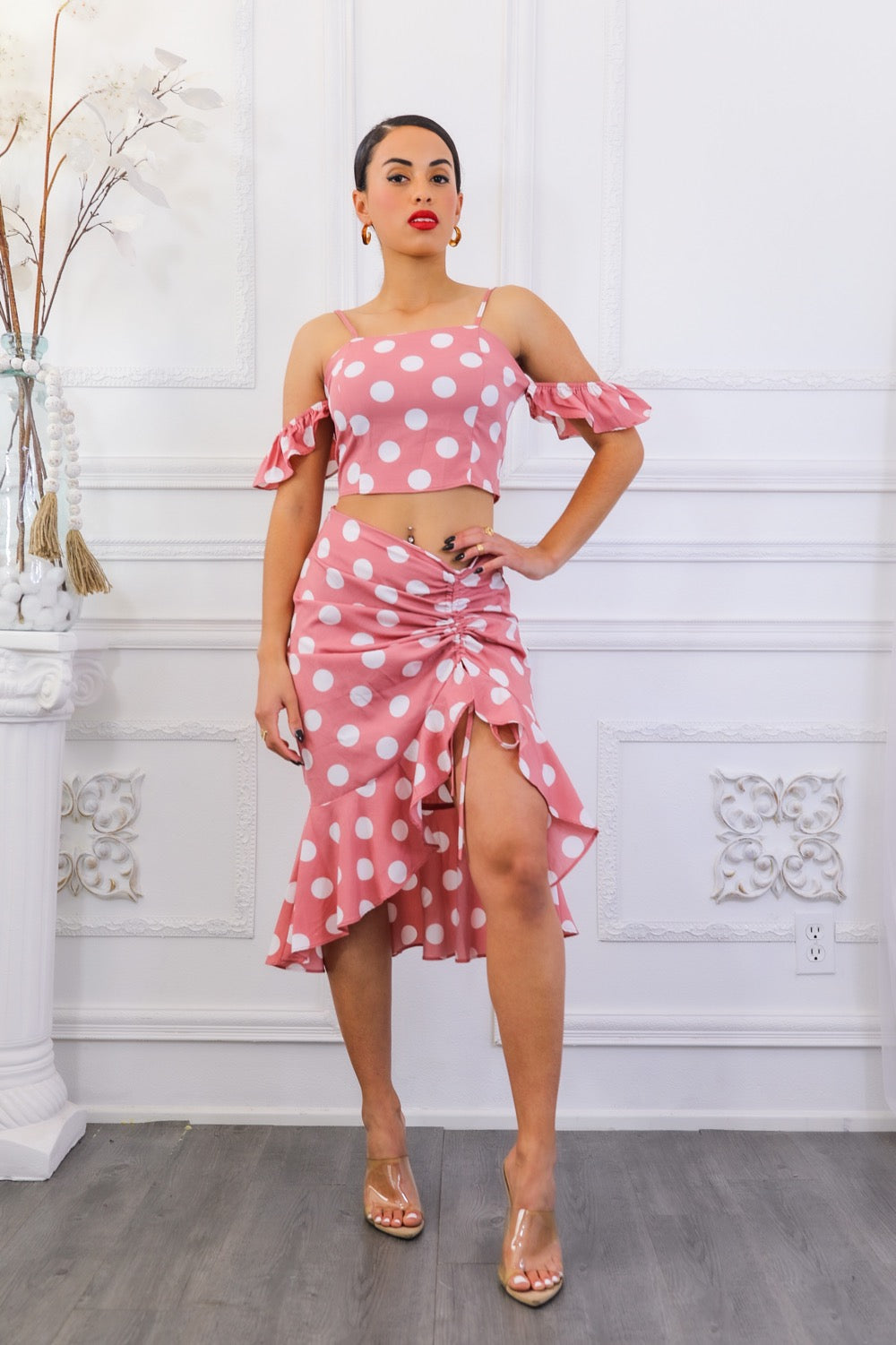 Polkadot Printed Crop Top and Midi Skirt with Ruching