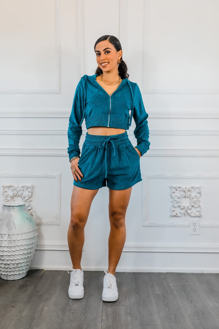 Loop Terry Zip Up Cropped Hoodie and Drawstring Waist Shorts Set