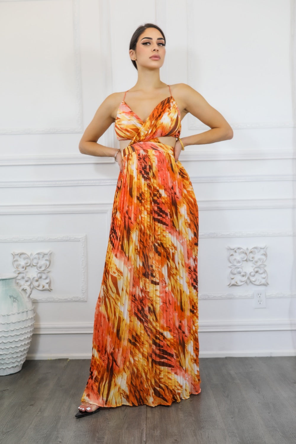 Pleated Cut Out Chiffon Maxi Dress