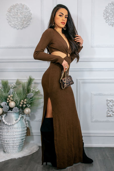 O Ring Cut Out Side Slits Sweater Dress