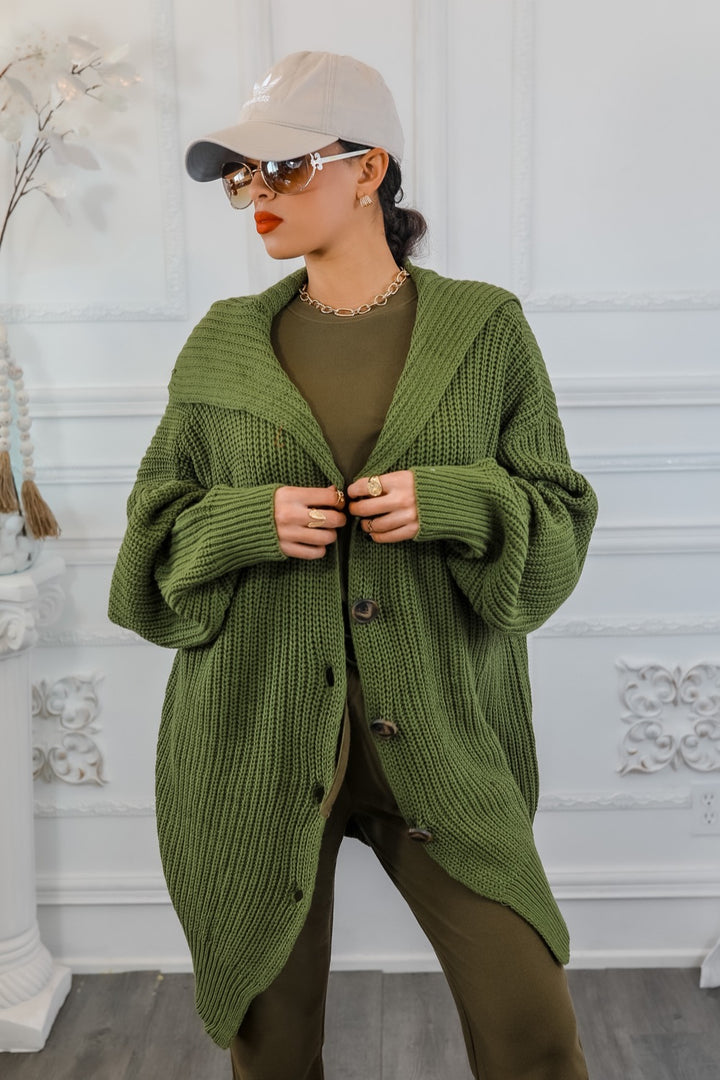 Collar Button Closure Oversized Cardigan